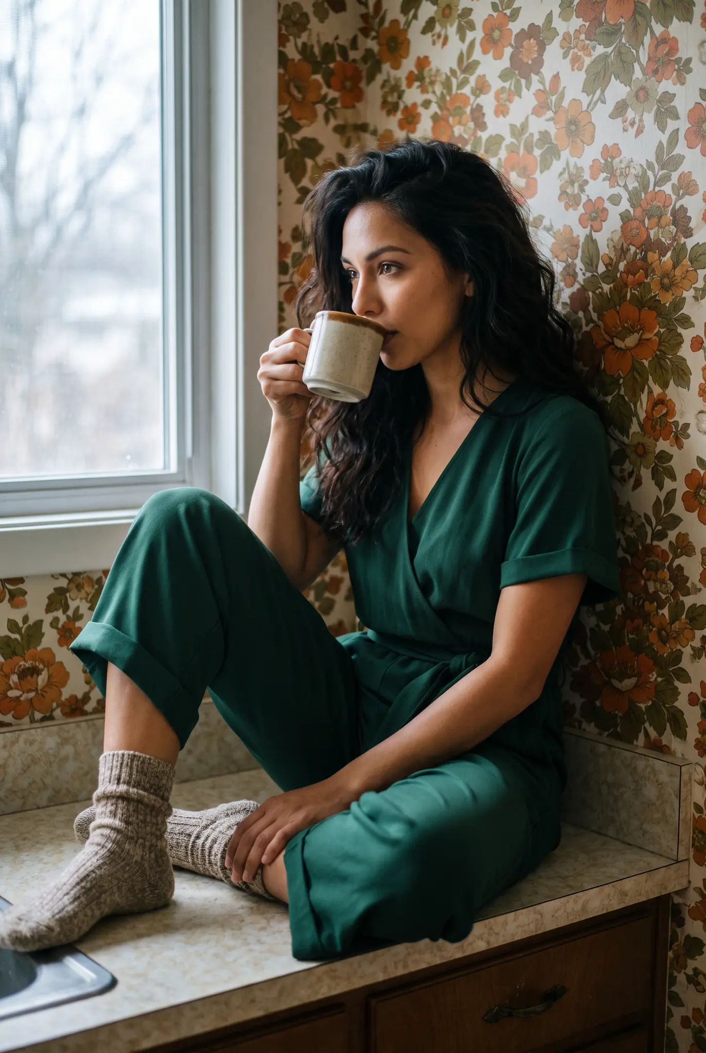 Morning light campaign image featuring the emerald jumpsuit