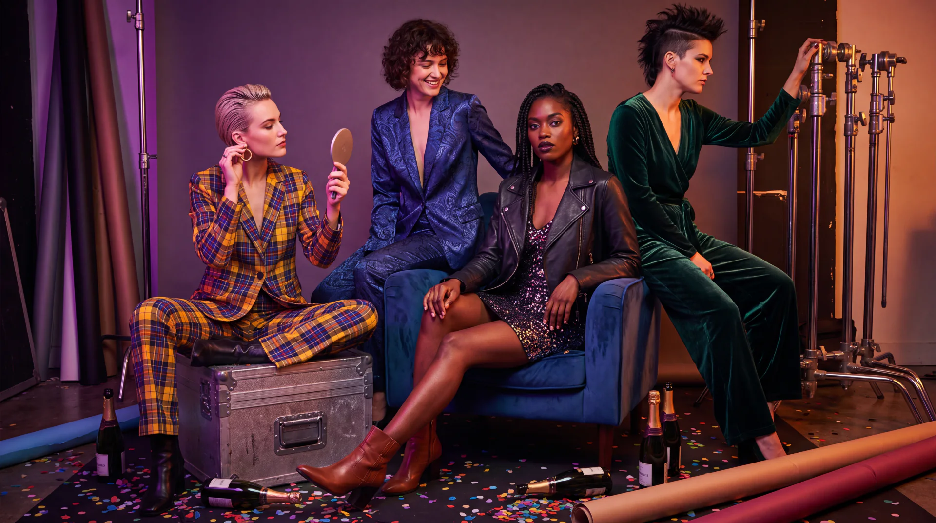 Four fashion models backstage in a vivid campaign studio